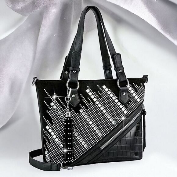 SALE Stunning Rhinestone Studded Bling Black Handbag Shoulder Tote Purse - Picture 4 of 7
